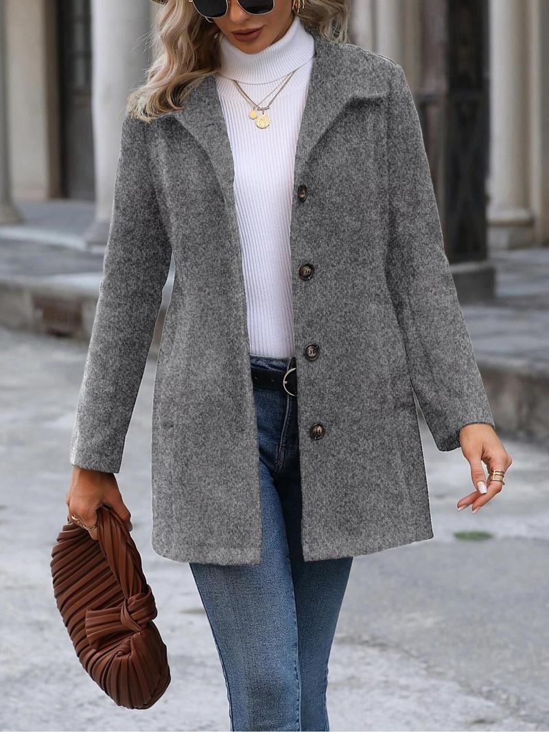 Product Introduction of Women's Solid Button Front Pocket Wool Pea Coat, Elegant Fashion Long Sleeve High Neck Coat for Daily Outdoor Wear, Ladies Clothes for All Seasons 5