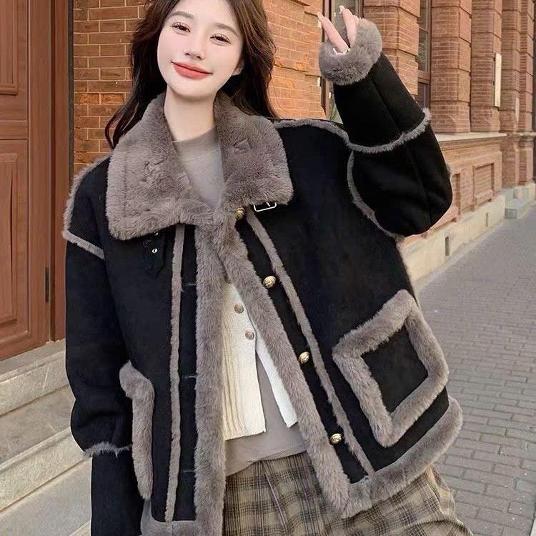 Áo khoác da lộn tay dài lót lông tho mã 523 , thời trang nữ Top Jacket Women