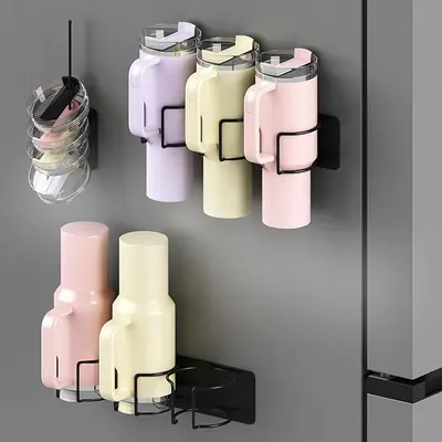 Magnetic Cup Storage Organizer For Stanley Tumblers - Holds 4 Bottles, 5 Hooks, Fridge/Wall Mount (Black)