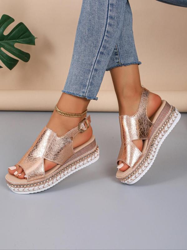 Women's Fashionable Solid Color Wedge Sandals, 1 Pair Casual Versatile Hollow out Design Buckle Decorated Sandals, Trendy Shoes for Summer 4