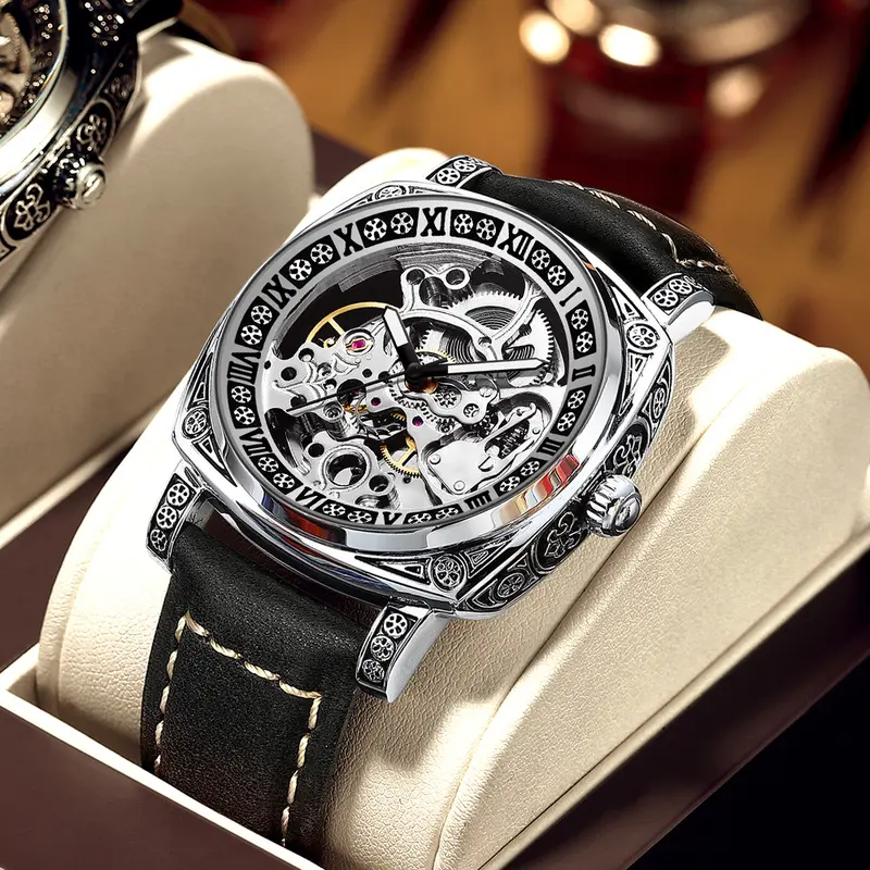 Đồng hồ cơ Automatic chính hãng BINBOND TV9 2024 thiết kế mới hoa văn cổ điển - Dây da lộn - Lộ cơ trước sau chống nước 30M 6