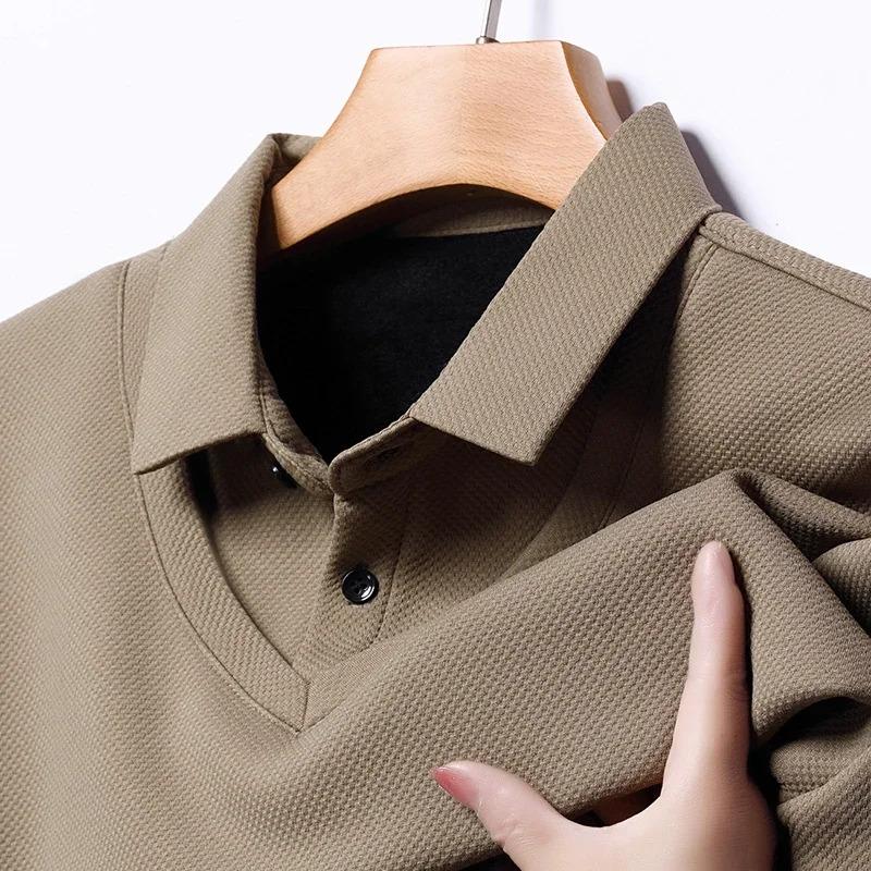Men'S Long Arm Polo Shirt Korean-Style Fake Two-Piece Business Men'S Casual Fashion Long-Sleeved Solid Color Lapel Shirts Comfortable All-Match Top For All Seasons Menswear Lingerie 1