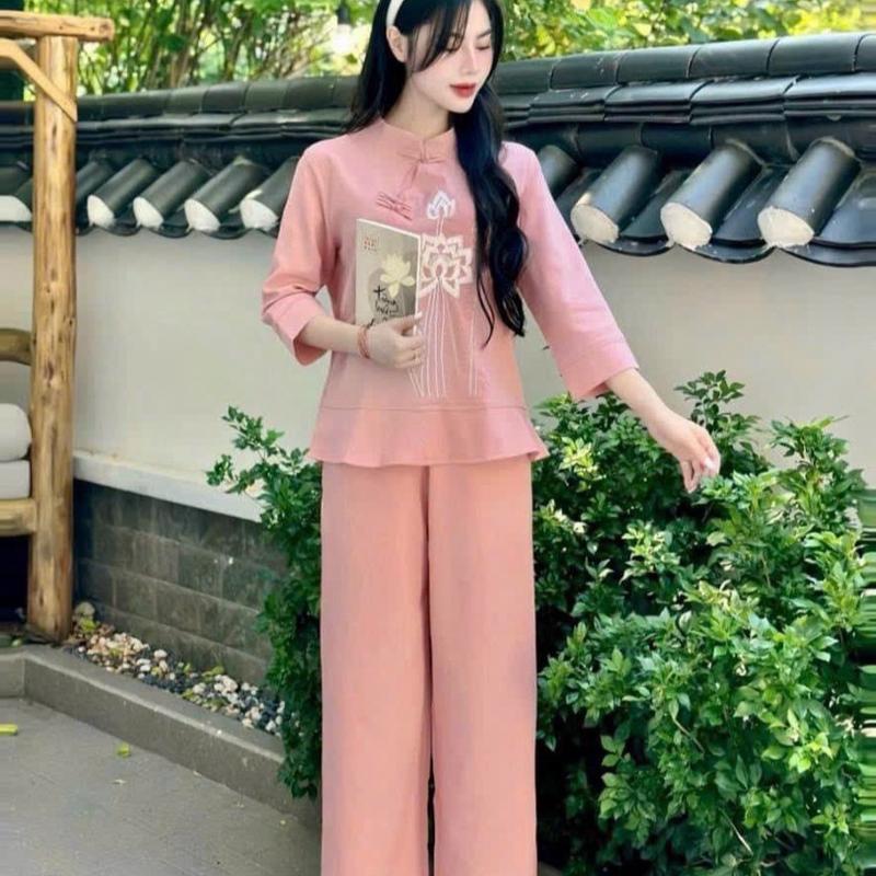 M175-Bộ lam cổ tàu thêu hoa sen quần có túi chất vải đũi Nữ - Women 4