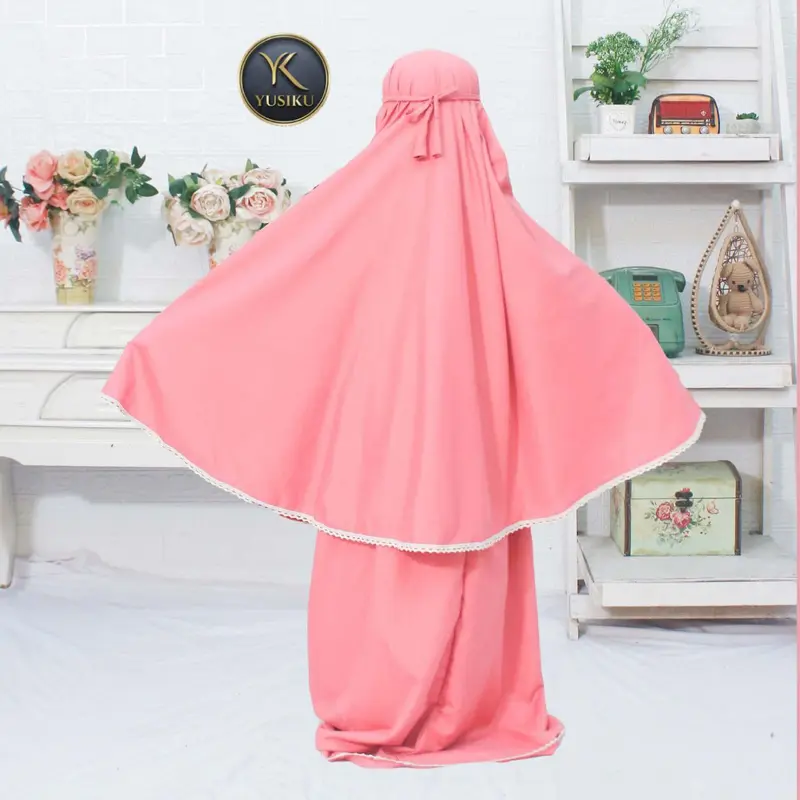 Mukena Anak Wanita Si Kembar Katun Renda Rajut Polos Muslim Baju Syari Setelan - YUSIKU - Gamis, Remaja 1