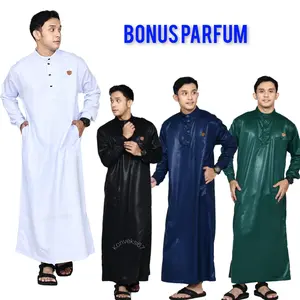 Jubah Manset Polos Model Haramain Gamis Laki Laki Pria Dewasa bahan Polyster KOREA Muslim Hitam
