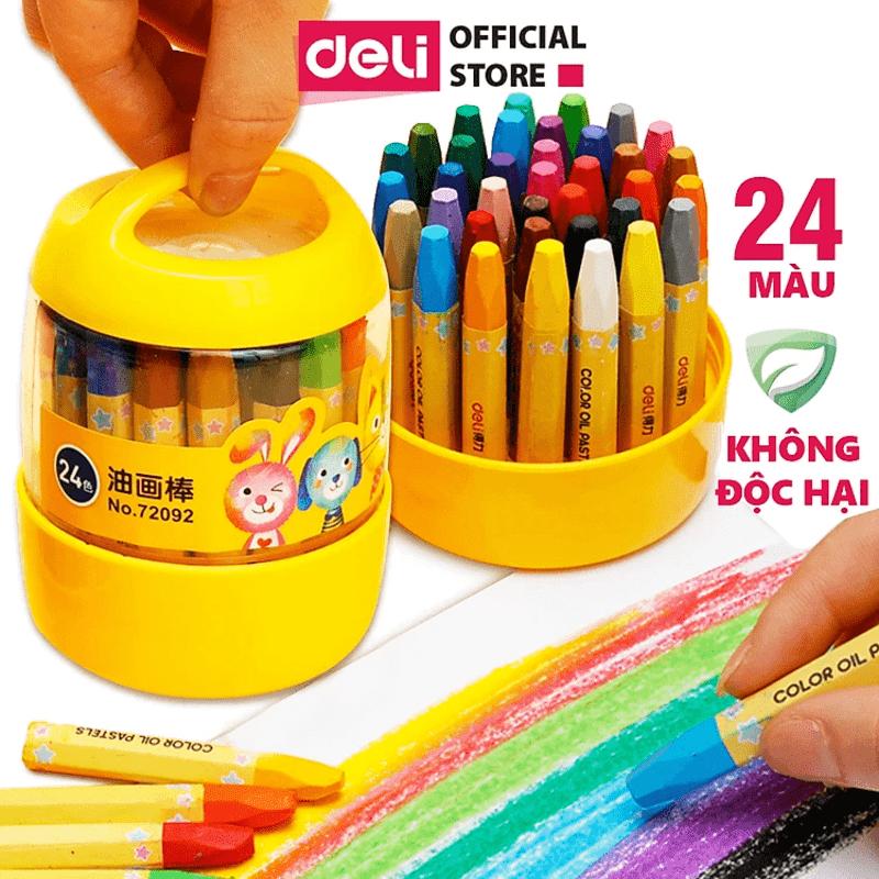 Bút sáp dầu học sinh hộp nhựa Deli - 12 18 24 màu - Tô màu kín giấy màu lên chuẩn tươi sáng
