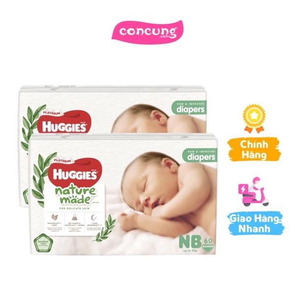  Combo 2 bỉm tã dán Huggies Platinum Nature Made size Newborn 60 miếng  dưới 5kg  