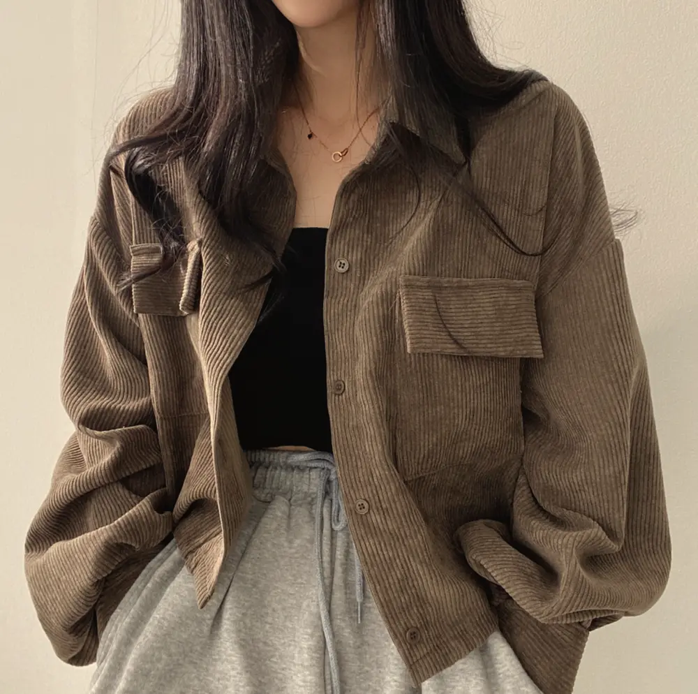 Jaket Corduroy Wanita Outer Jacket Hitam Korea Retro Style Vintage Pakaian Wanita Baju Biru Top Crop Lengan Panjang atasan cardigan Kardigan Blazer Oversize