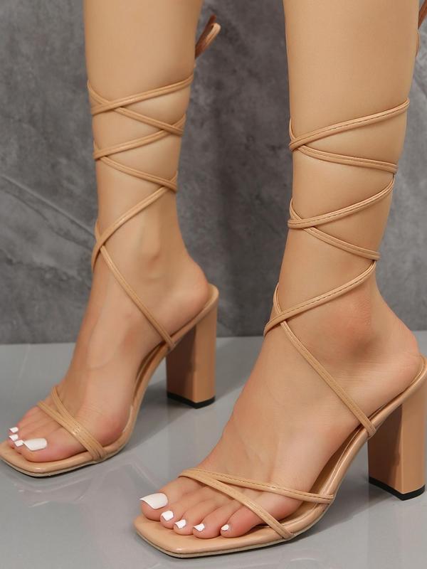 Women's Fashionable Strappy Detail High Heel Sandals, Casual Versatile Square Toe Lace-up Heeled Sandals for Summer, Lightweight Breathable Comfortable Shoes for Daily Wear 8