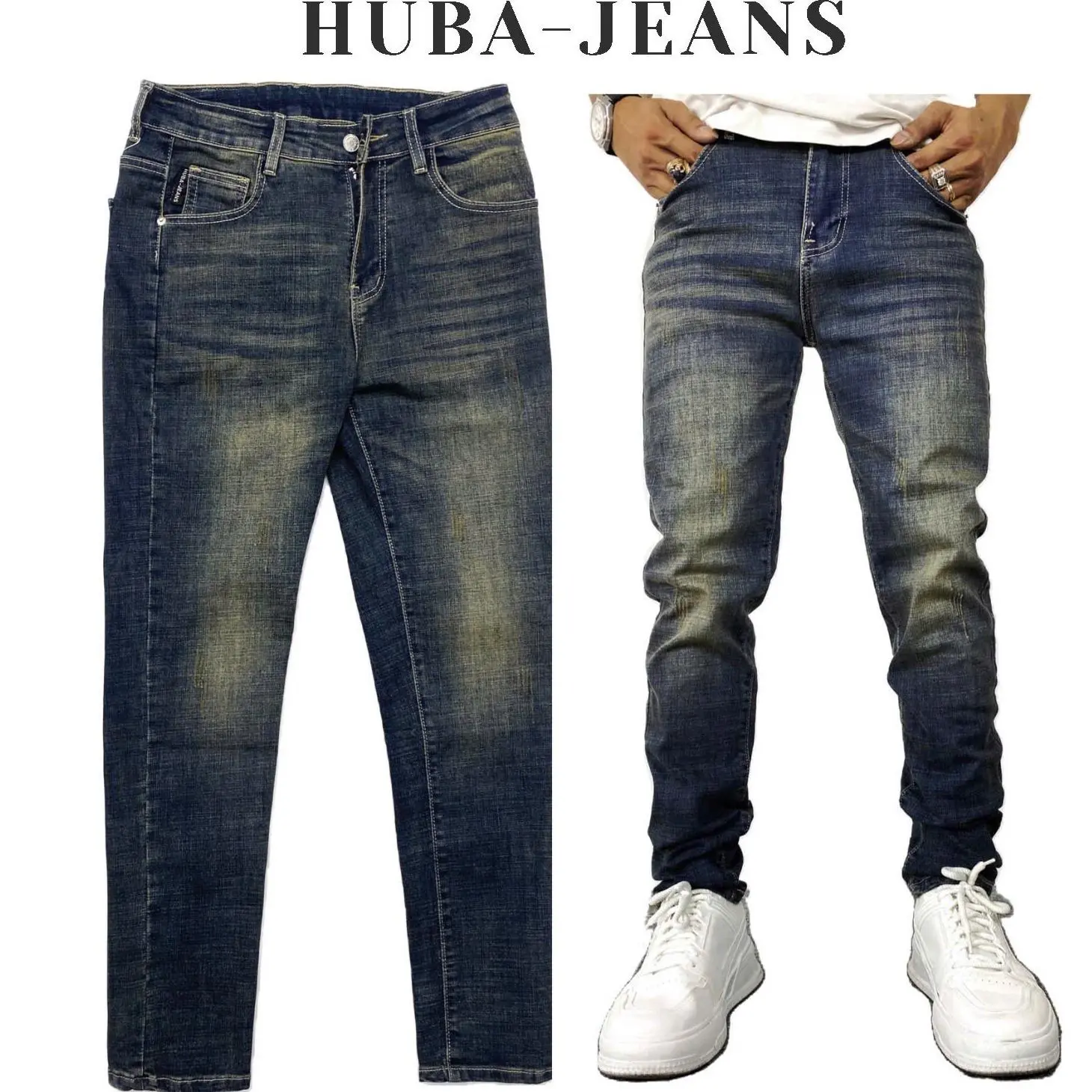 Quần jean nam HUBA-JEANS co giãn xanh RIÊU Menswear Pants Có Túi quần purple khôngrách Denim thông thường không khô sạch