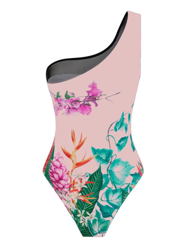 Women's Floral Print One Shoulder Contrast Mesh One-pieces Swimsuit & Wrap Skirt Set, Casual Asymmetrical Knot Front Sleeveless Swimwear for Beach Holiday Vacation, Ladies Swimsuit for Summer 4