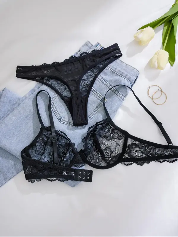 Women's Solid Color Underwire Lace Bra & Panty Two-piece Set, Soft Comfortable Breathable Lingerie Set, Lingerie Set for Women, Womenswear 5