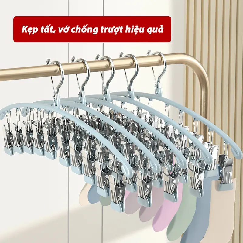 Móc Phơi Quần Áo Có 10 Móc Kẹp MQ-02 Móc Treo Quần Áo Có Kẹp Phơi Quần Áo, Tât Vớ, Đồ Lót, Phơi Đồ Cho Bé Phủ Nhựa PVC Mềm Chống Sỉ Chắc Chắn Bền Bỉ 7