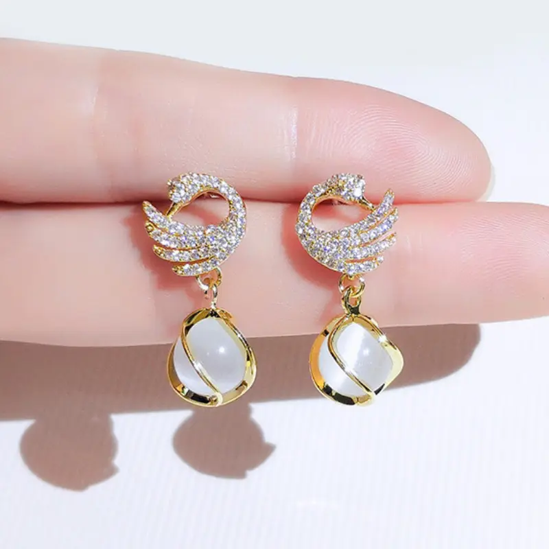 Bông Tai Mặt Dây Chuyền Hình Thiên Nga Thả, Lấp Lánh Thời Trang, Dành Cho Nữ, Ngọt Ngào Và Tinh Tế, Phụ Kiện Cô Gái Nhỏ Thanh Lịch