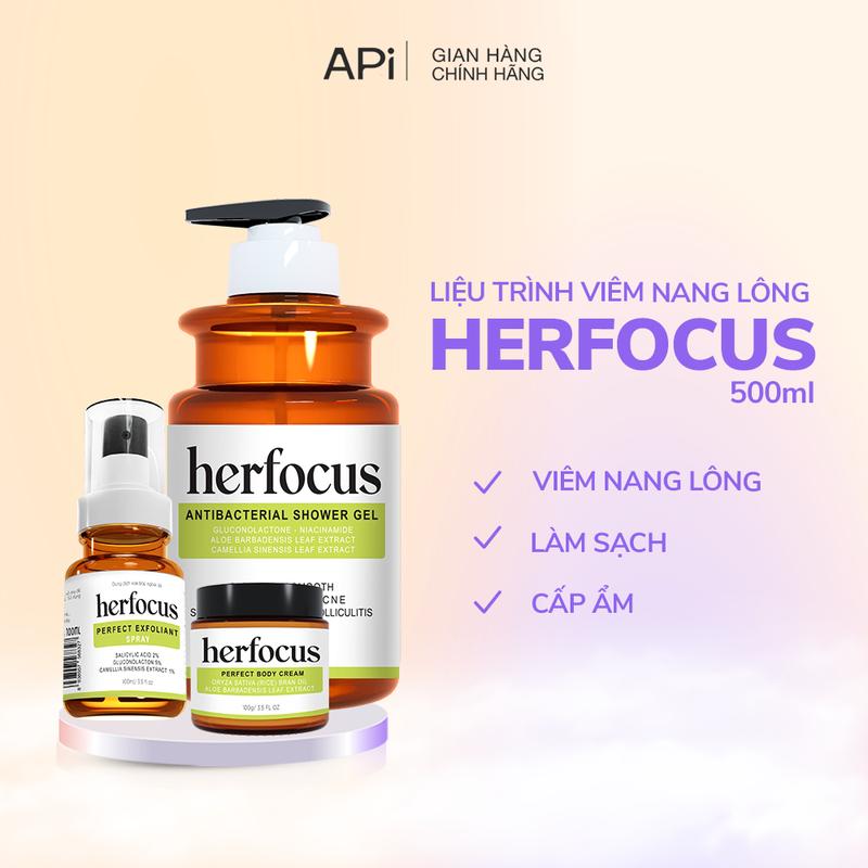Bộ sản phẩm hỗ trợ làm dịu nang lông HERFOCUS gồm Sữa tắm Herfocus + Xịt dưỡng Herfocus+ Kem dưỡng hỗ trợ làm dịu nang lông  Kem Body K1 New