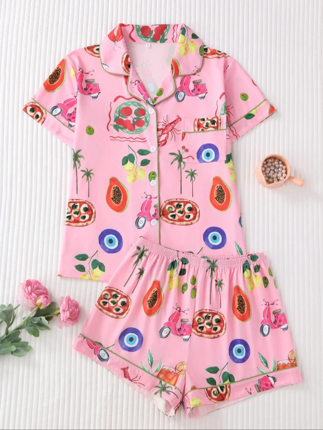 Women's Fruit Print Shirt & Elastic Waist Shorts Pyjama Set, Casual Comfy Short Sleeve Collared Top & Shorts PJ Set, Ladies Sleepwear for All Seasons, Pajamas
