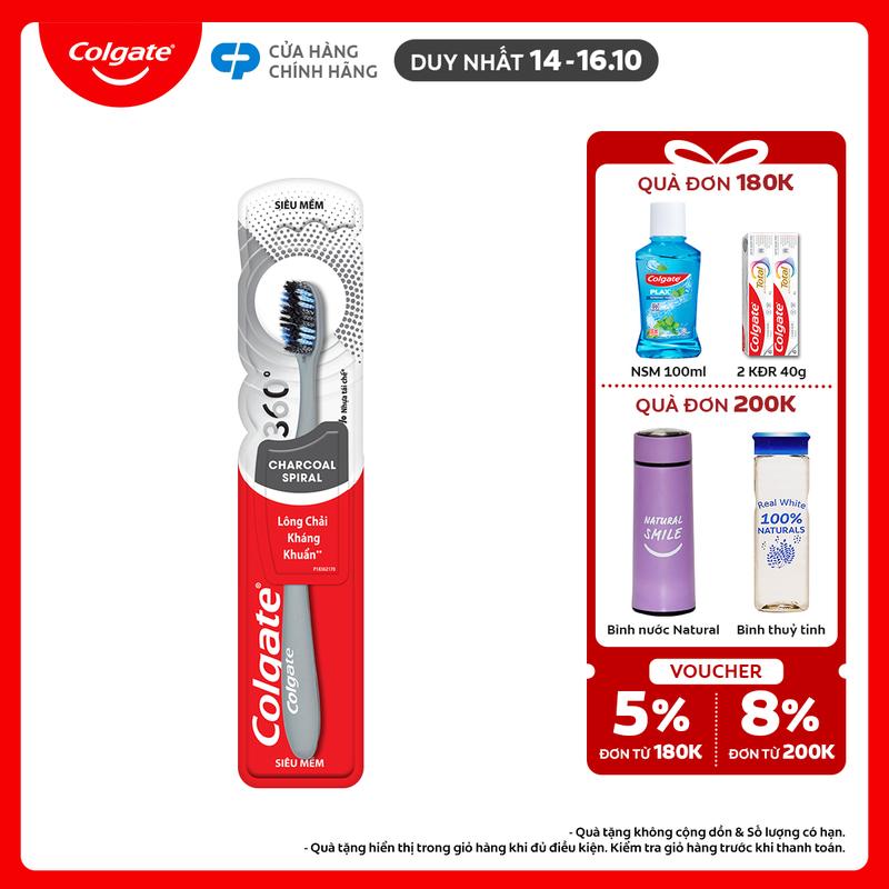 [Duy nhất 14-16.10] Bàn chải đánh răng Colgate 360 than hoạt tính kháng vi khuẩn Charcoal Spiral lông chải xoắn kép