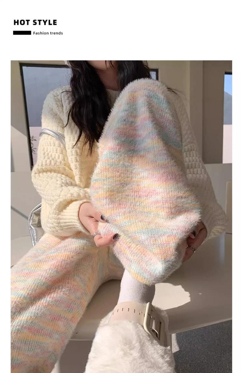 Product Introduction of Rainbow Color Glutinous Rice Pants Women's Autumn and Winter 2023 New High Waist Drooping Soft Glutinous Wide-Leg Pants Casual Knitted Fleece Padded Pants 26