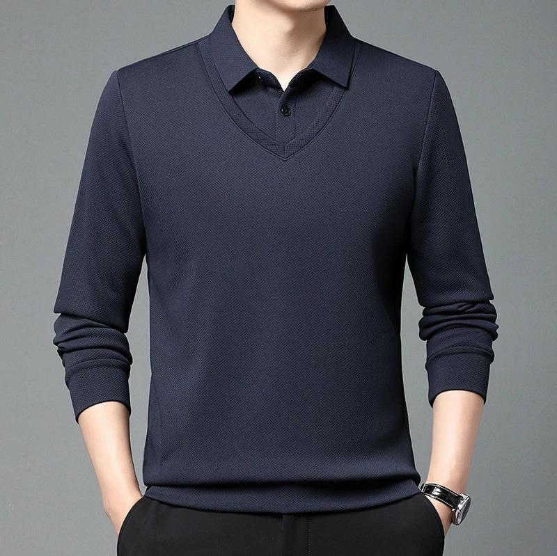 Product Introduction of Men'S Long Arm Polo Shirt Korean-Style Fake Two-Piece Business Men'S Casual Fashion Long-Sleeved Solid Color Lapel Shirts Comfortable All-Match Top For All Seasons Menswear Lingerie 20