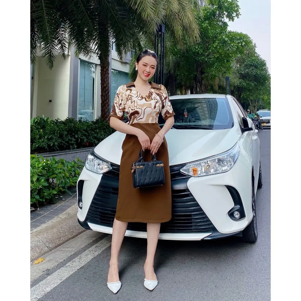 D011 - Đầm phối công sở phối họa tiết sơn thủy Phong cách Lady Dress Váy