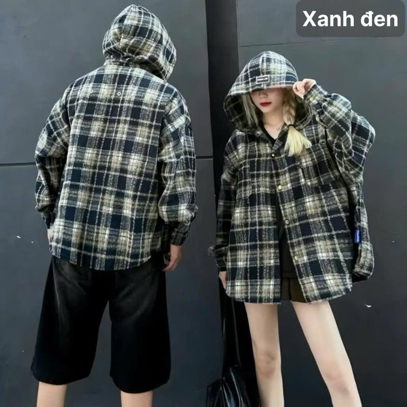 Áo Khoác Caro Nam Nữ Cài Nút Phối Nón Siêu Xinh - Thời Trang HOT Treen 4