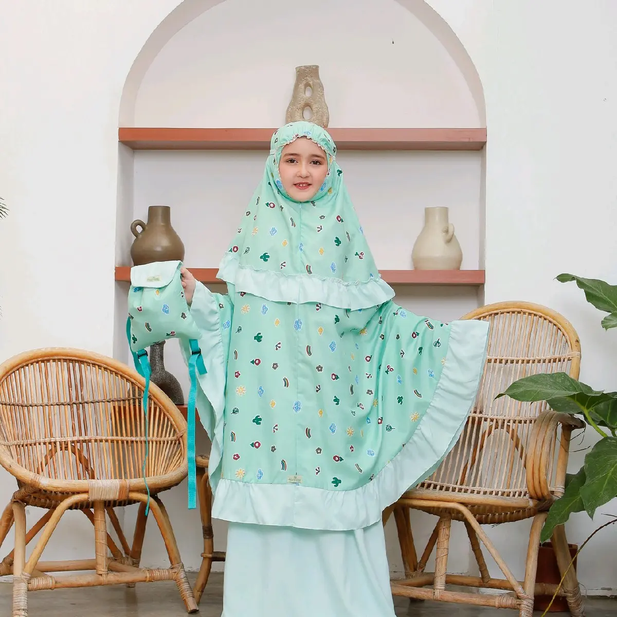Mukena anak motif smigle  2in1 travel  alantasik kisaran 6 7 8 9 10 12 13 tahun Atasan Katun