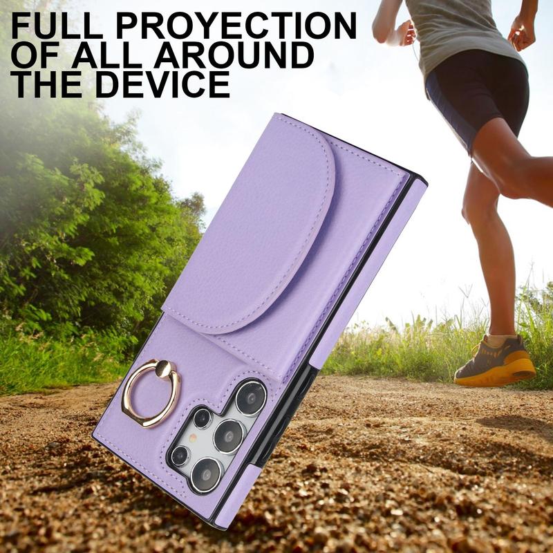 Product Introduction of Solid Color Phone Case with Finger Ring & Card Slot, 1 Count PU Leather Wallet Phone Protective Cover, Phone Accessory for Samsung Galaxy S24 S23 S22 S21 4
