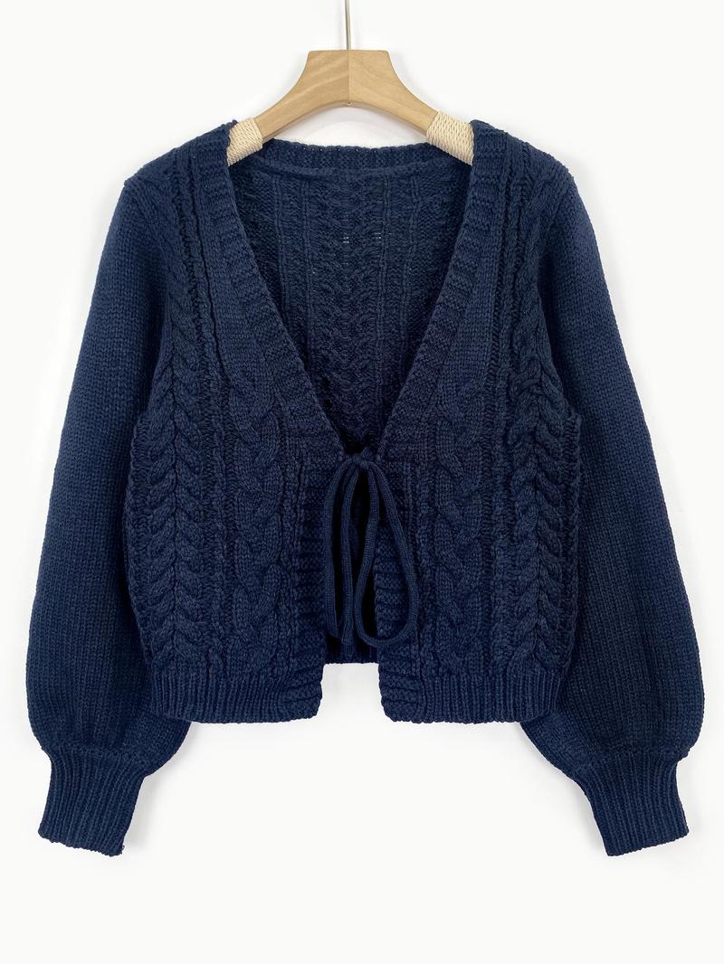 Product Introduction of 【Plus Size】 Solid Color Tie Front Lantern Sleeve Cardigan, Casual Long Sleeve Open Front Knitwear for Fall & Winter, Women's Plus Clothing for Daily Wear 6
