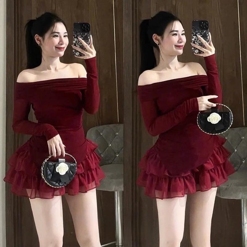 BC3Z- sét váy nhũ thiết kế áo nhũ trễ vai tay dài phối chân váy tầng voan tơ HP- freesize 38-56kg vaytet