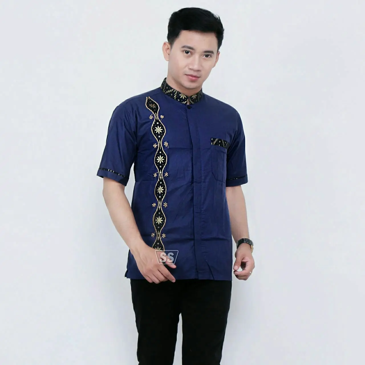 baju koko pria dewasa lengan pendek kombinasi batik Motif koko ranteng Muslim Katun Kurta Panjang