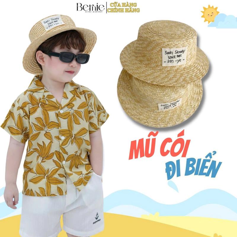 Mũ cói vành phối tag chữ unnisex cho bé trai bé gái đi biển đi chơi đi du lịch bé 4T tới 6T BERNIE