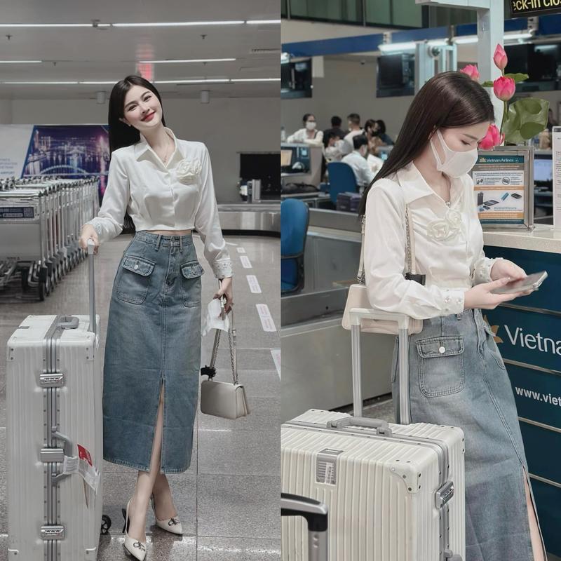 T1761 Set Đầm Nữ EMME 2 Món Gồm Áo Sơ Mi Croptop Đính Hoa Mix Chân Váy Jean Dáng Dài Cách Điệu Women Trắng Nhung - Thanh Tự