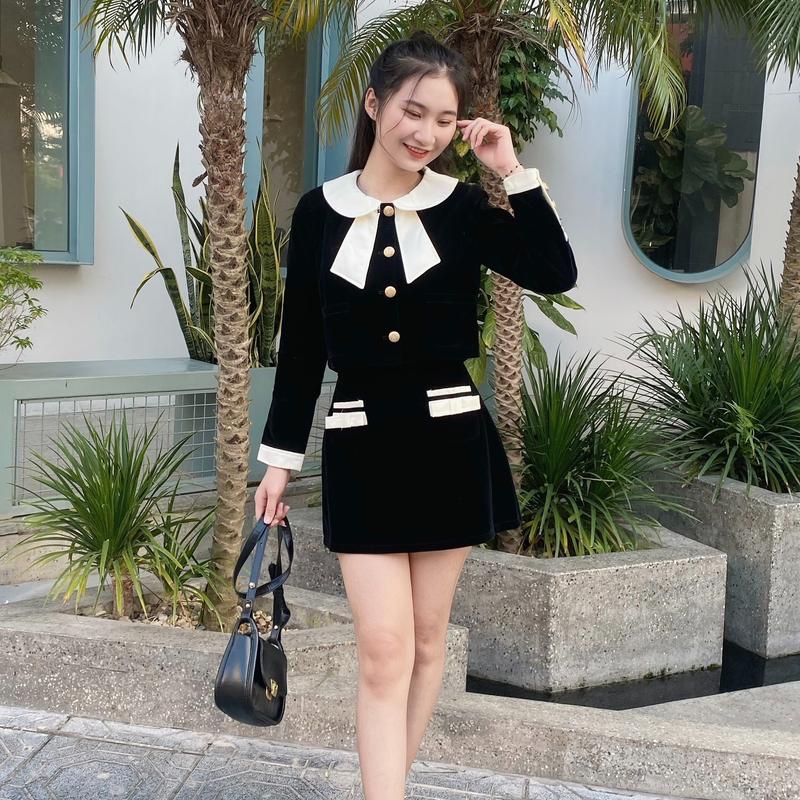 KangStudio - K019 Set váy nhung đen phối cổ trắng bèo tiểu thư + chân váy A ngắn