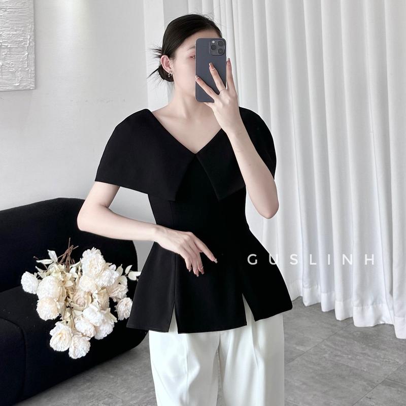 Áo kiểu nữ cổ V tay úp dáng peplum thanh lịch