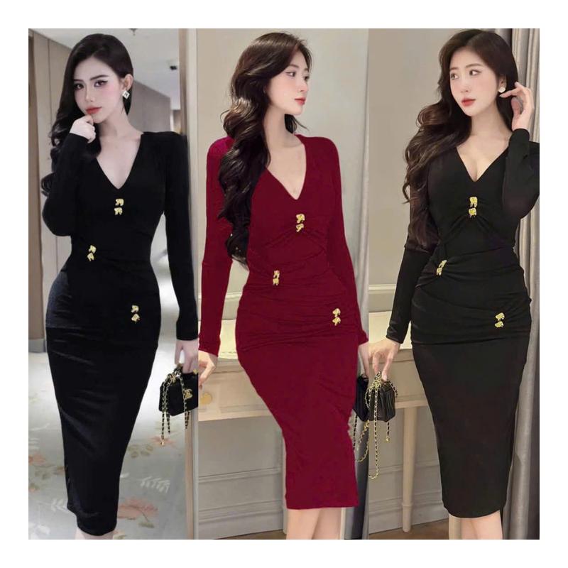 [Mẫu Mới] FREESHIP Đầm Body Nữ Thiết Kế Thun Nhũ ELLY N036 Cổ Chữ V Phối Tag Xếp Ly Dáng Dài Cách Điệu- Thanh Tự Đủ size S_M_L_XL Women Dress váy dự tiệc