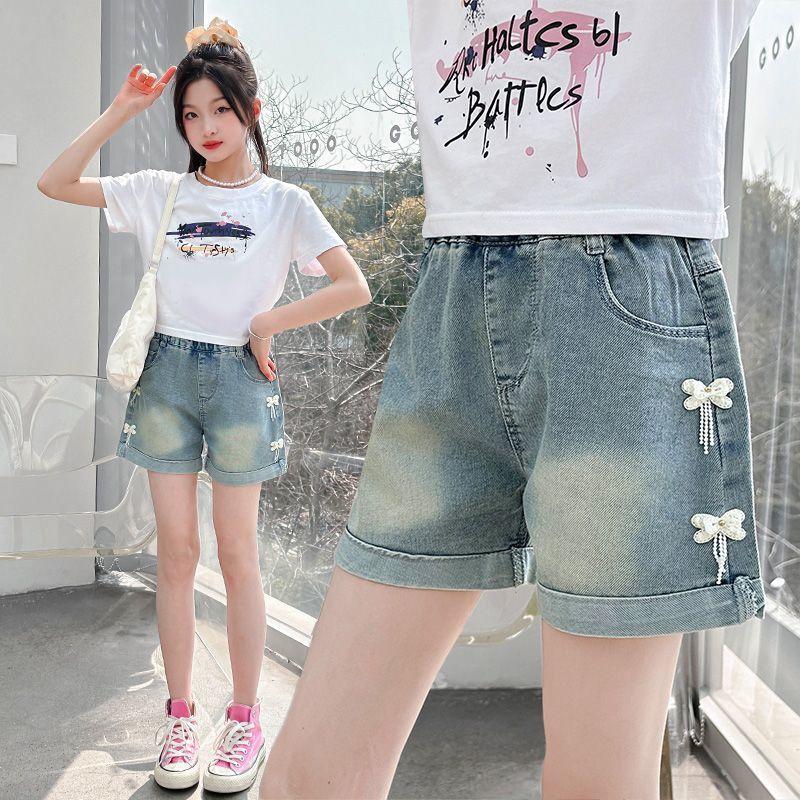 Quần Short Denim, Cho Bé Gái, Hàng Mới Về Mùa Hè 2024, Áo Mặc Bên Ngoài Trẻ Em, Dáng Rộng Vừa Vặn, Vải Denim Mỏng, Thích Hợp Cho Trẻ Em Và Thanh Thiếu Niên, Quần 1