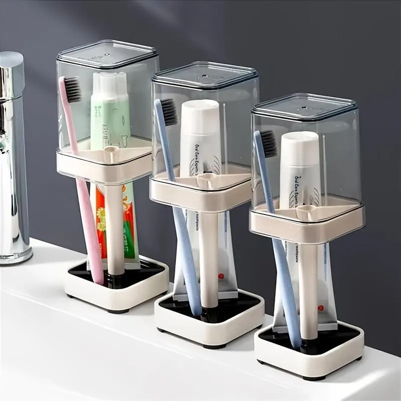 Toothbrush Holder with Cup, 1 Count Multi-grid Toothbrush Storage Rack, Bathroom Toothbrush Organizer, Bathroom Supplies