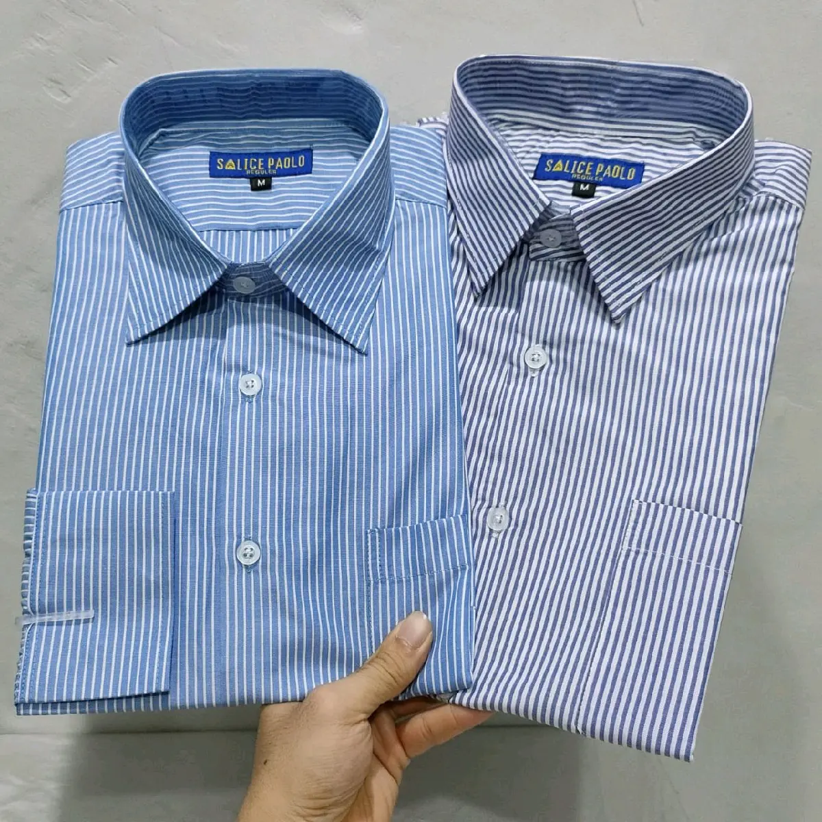 Kemeja Pria Salice Paolo Lengan Panjang Reguler Motif Salur Rotan Formal Biru Putih