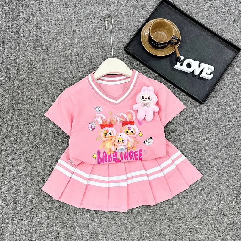 Đồ bộ bé gái áo thun kết hợp chân váy xếp ly hoạ tiết babythree, size nhí+ đại 10-30kg 2