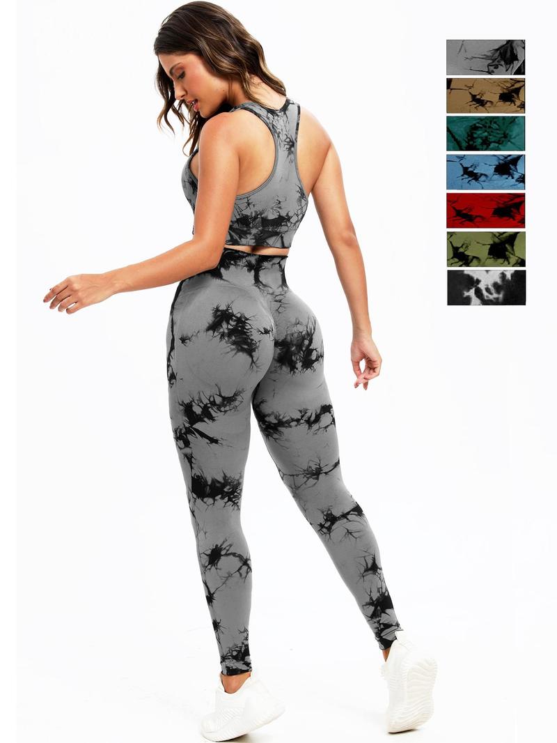 Product Introduction of Women's Tie Dye Print Sports Racerback Vest & High Waist Leggings Tracksuit Set, Sporty Square Neck Sleeveless Crop Top & High Stretch Skinny Pants, Women's Fitness Sportswear for Workout Gym Yoga Exercise 3