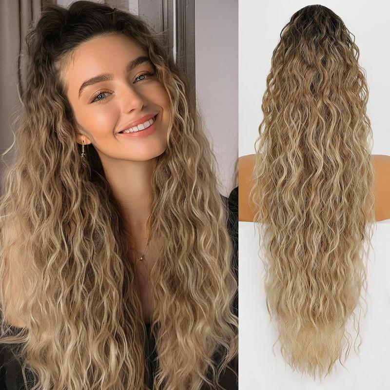 28 Inch Long Wave Claw Clip on Ponytail Hair Extension, Heat Resistant Fake Pony Tail Hair Piece for Women, Synthetic Hair Extensions for Daily Party k  tip  22  inch  extensions ponytail   Wavy long   lulla  bellz  extensions   hair  cosplay brown  wig 2