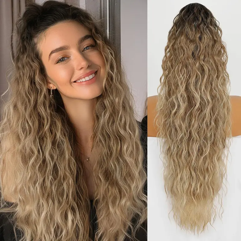 28 Inch Long Wave Claw Clip on Ponytail Hair Extension, Heat Resistant Fake Pony Tail Hair Piece for Women, Synthetic Hair Extensions for Daily Party k  tip  22  inch  extensions ponytail   Wavy long   lulla  bellz  extensions   hair   wig Hairextensions 2
