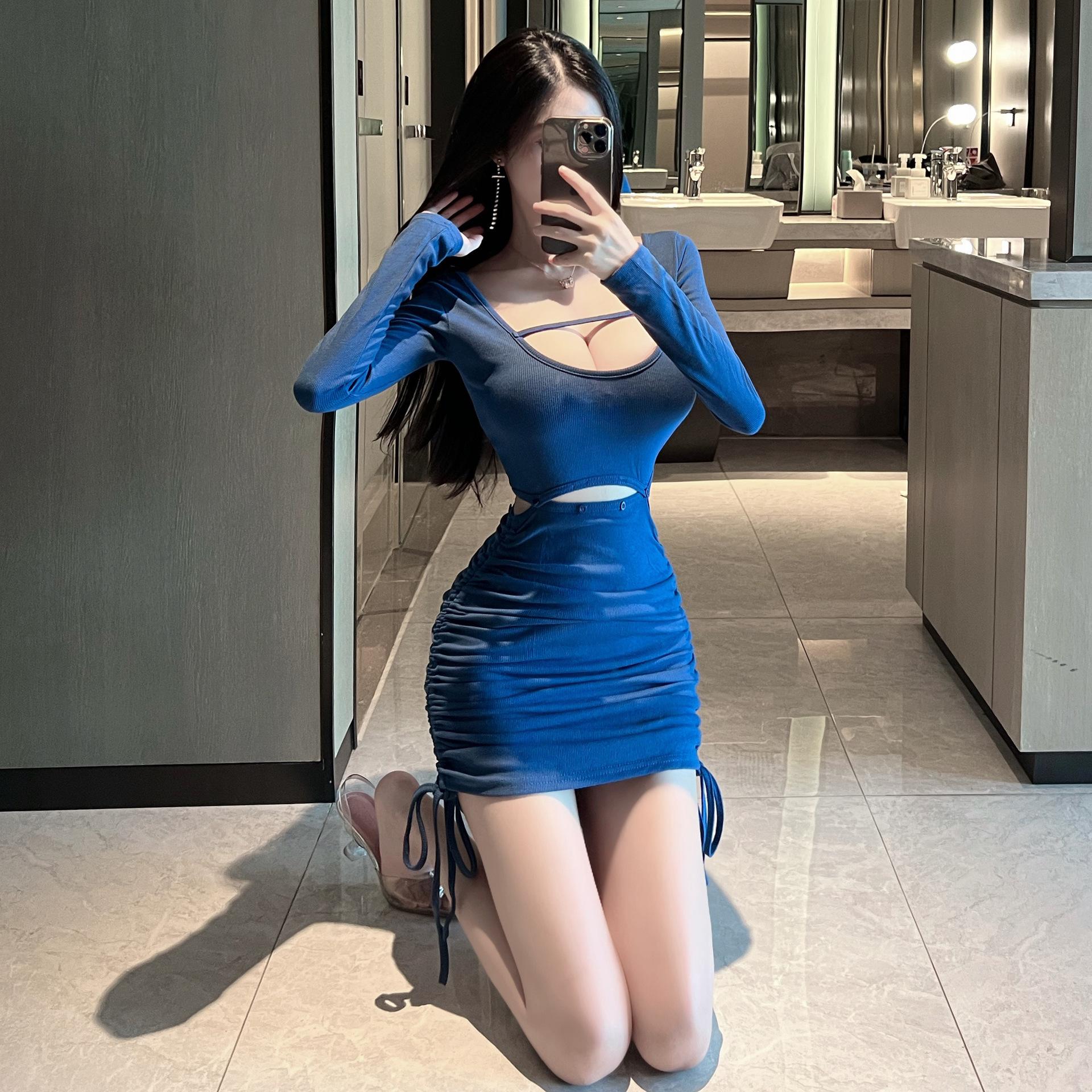 Korean Sexy Long Sleeve Square Neck Top & Short Skirt W1024 Wanita Celana Setelan Panjang Crop Baju Casual Jumpsuit Atasan Pendek Simple Dewasa Linen Hitam Stretch