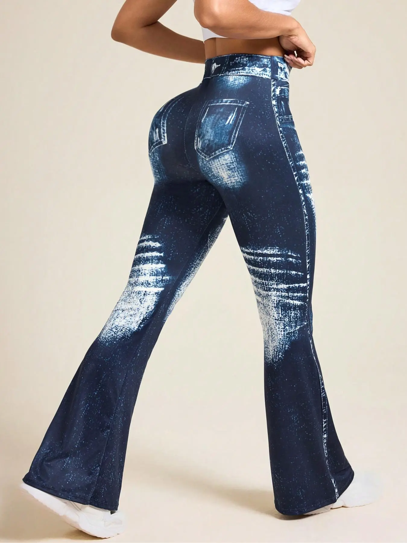 Women's High Waist Flare Leg Sports Denim-effect Print Leggings, Casual Comfy Breathable Bell Bottom Denim-effect Print Trousers for Yoga Gym Workout Running, Ladies Sportswear for All Seasons