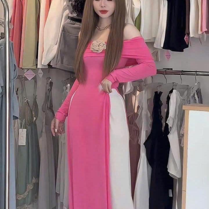 Bộ Áo Dài Cách Tân Đính Hoa, Áo Dài Đỏ, Áo Dài Hồng Tết Thun basic QC dày dặn Women Nữ Dress 6