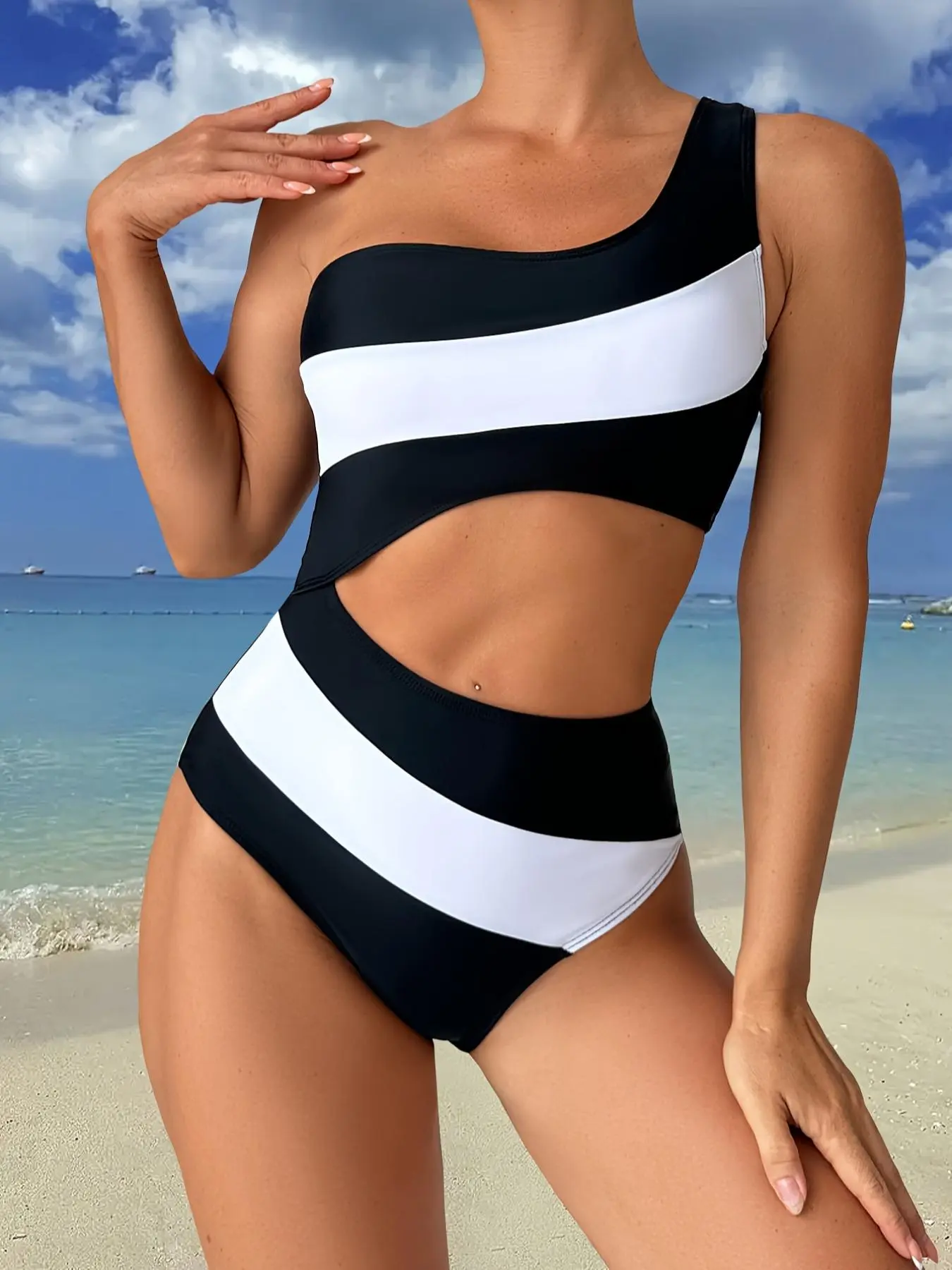 Women's Colorblock  One-piece Swimsuit, Casual Fashion Chic Swimwear for Beach Holiday Vacation, Ladies Swimsuit for All Seasons