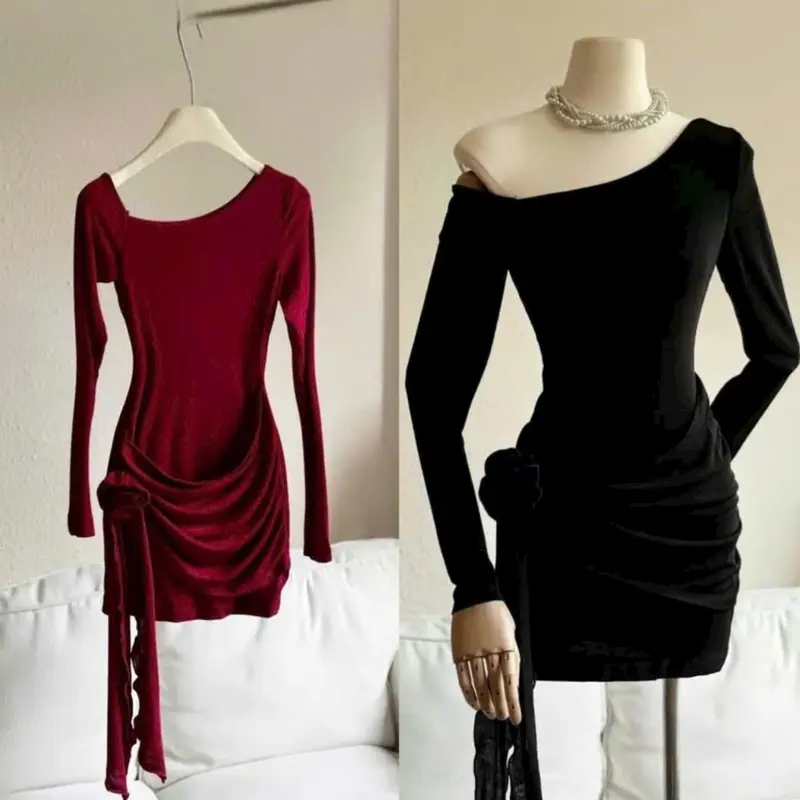 Đầm Body Dáng Ngắn Lệch Vai Tay Dài Đính Hoa Trẻ Trung - Nữ - Tre Đen Women Dress 4