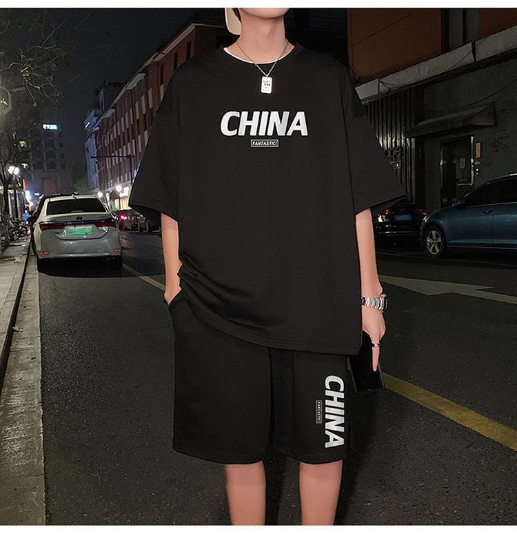 Product Introduction of Summer New Trendy Hong Kong Style Simple Letter Printing Leisure Sports Suit Green Student Short Sleeve Shorts Two Pieces Suit Menswear Overalls Lingerie Formal 29