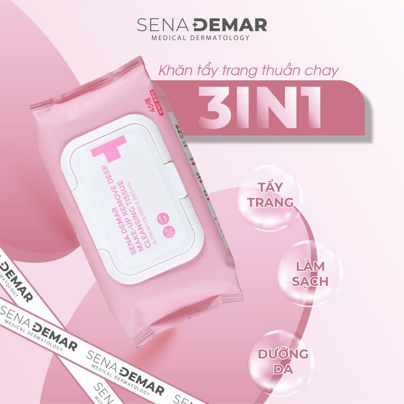 [ SenaDemar] Khăn Tẩy Trang SenaDema Thuần Chay, Sạch Sâu, Cân Bằng Độ pH, Hỗ Trợ Làm Ẩm Da, Hỗ Trợ Giảm Mụn Đầu Đen, Sợi Bã Nhờn.  [ 45miếng/Túi] 3