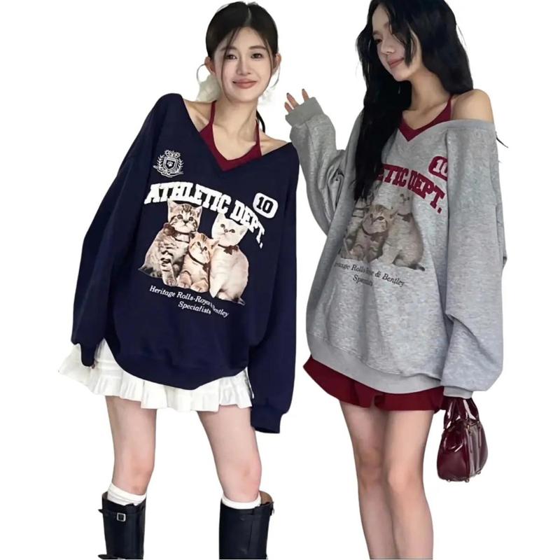 SET ÁO 2 MÓN ÁO TĂM CỔ YẾM & ÁO NỈ Bông CỔ TIM TRỄ VAI FORM RỘNG DƯỚI 67KG HOTTREND THU ĐÔNG 2024 IN SỐ 93 PHONG CÁCH ĐỘC ĐÁO CÁ TÍNH